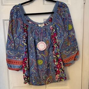 Umgee Blue Paisley & Floral Mixed-Print Peasant Blouse PTP 21